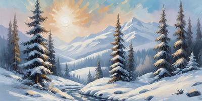 The primary subject of the image is a snowy mountain landscape with a river flowing through it. The setting includes a mountain range in the background, and the visual style is an illustration or painting. The colors and mood of the image are predominantly white and cold, with the snow-covered landscape and the river creating a serene and tranquil atmosphere.